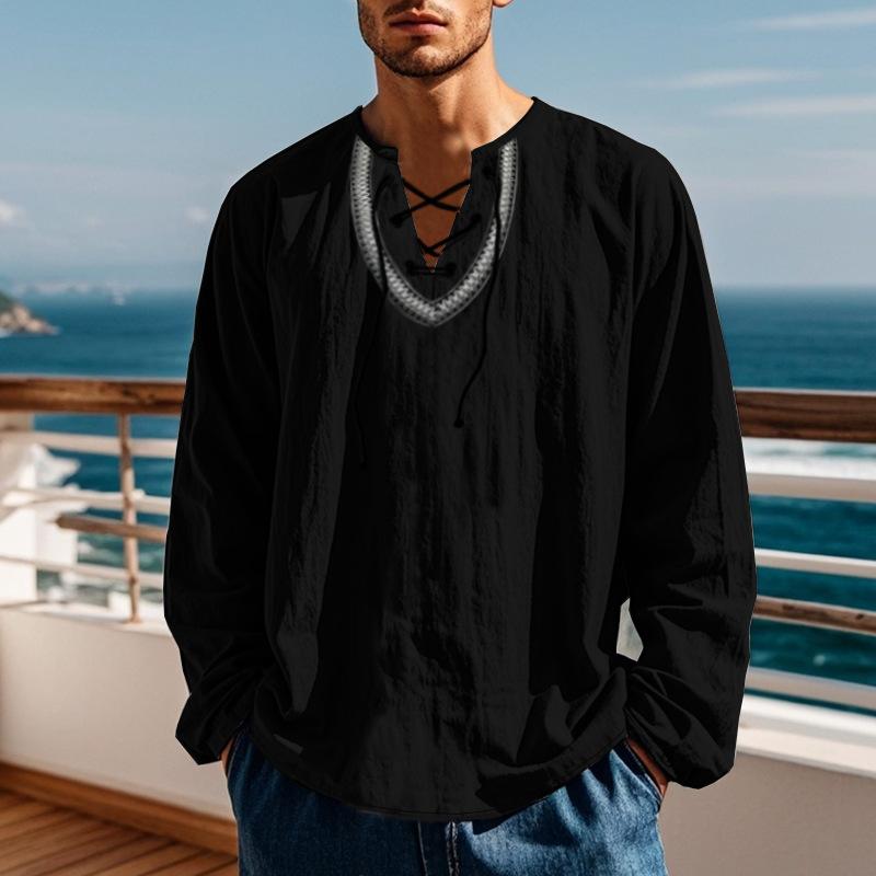 Spring and Autumn New Loose Pullover Retro Ethnic Style Casual Long-sleeved Shirt Cotton Linen Stand-up Collar Male