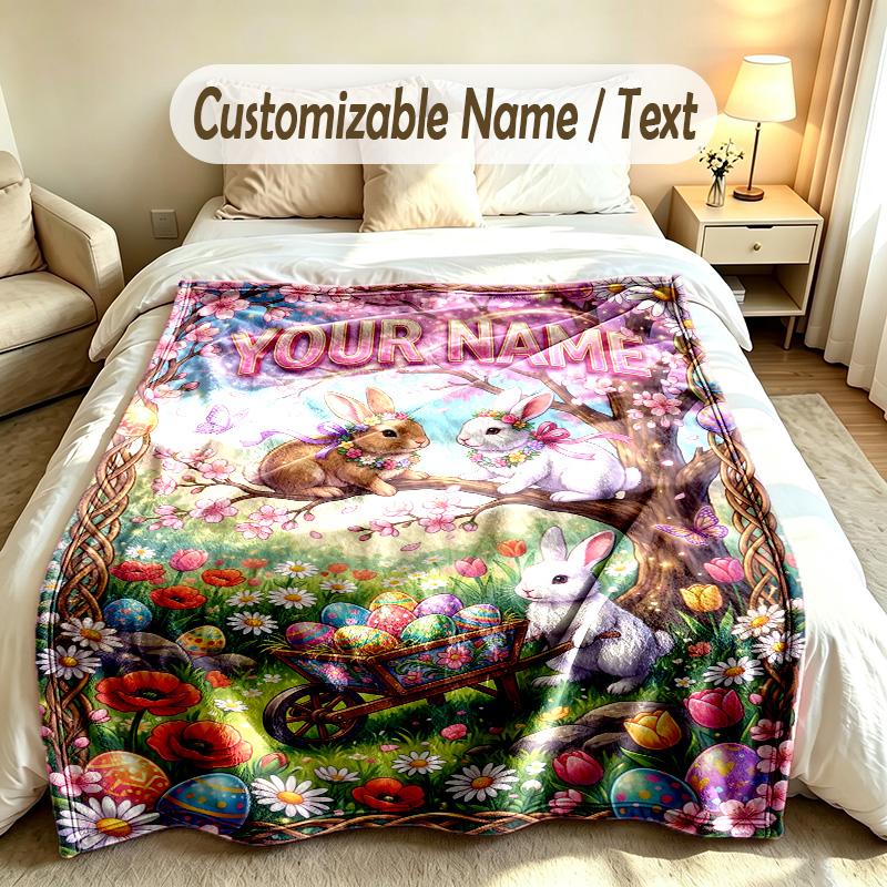 Easter Bunny Theme Soft Blanket Personalized Custom Name Text Print Warm Blanket Home Sofa Bedroom Decor