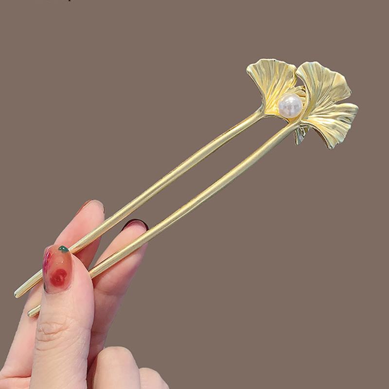

New Vintage Metal Ginkgo Leaf Hair Sticks for Women Elegant U Shape Pearl Hairpin Headwear Hair Accessories