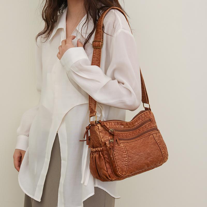 Borsa a tracolla vintage blu lavato per donna, borsa a spalla casual multitasche con ampia tracolla regolabile, borsa a tracolla di grande capacità