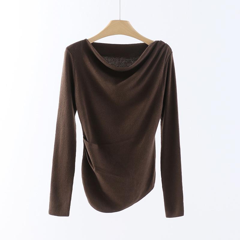 Autumn Spicy Girl Off-Shoulder Knitted Top with Irregular Cowl Neck One Size коричневый