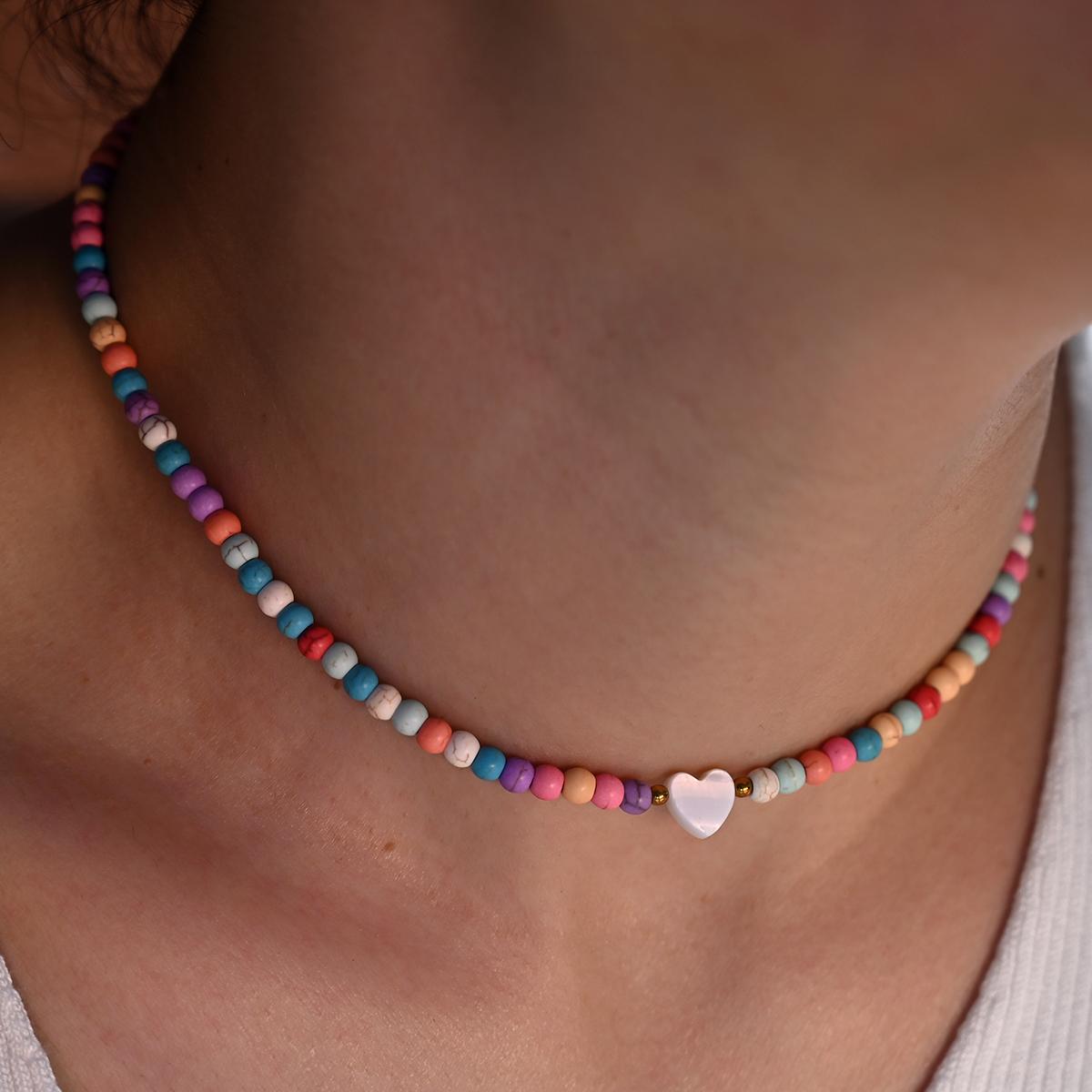 

Colorful 4MM Stone Fritillary Heart Choker Fashion Multicolor Necklace for Women New Daily Jewelry Accessories