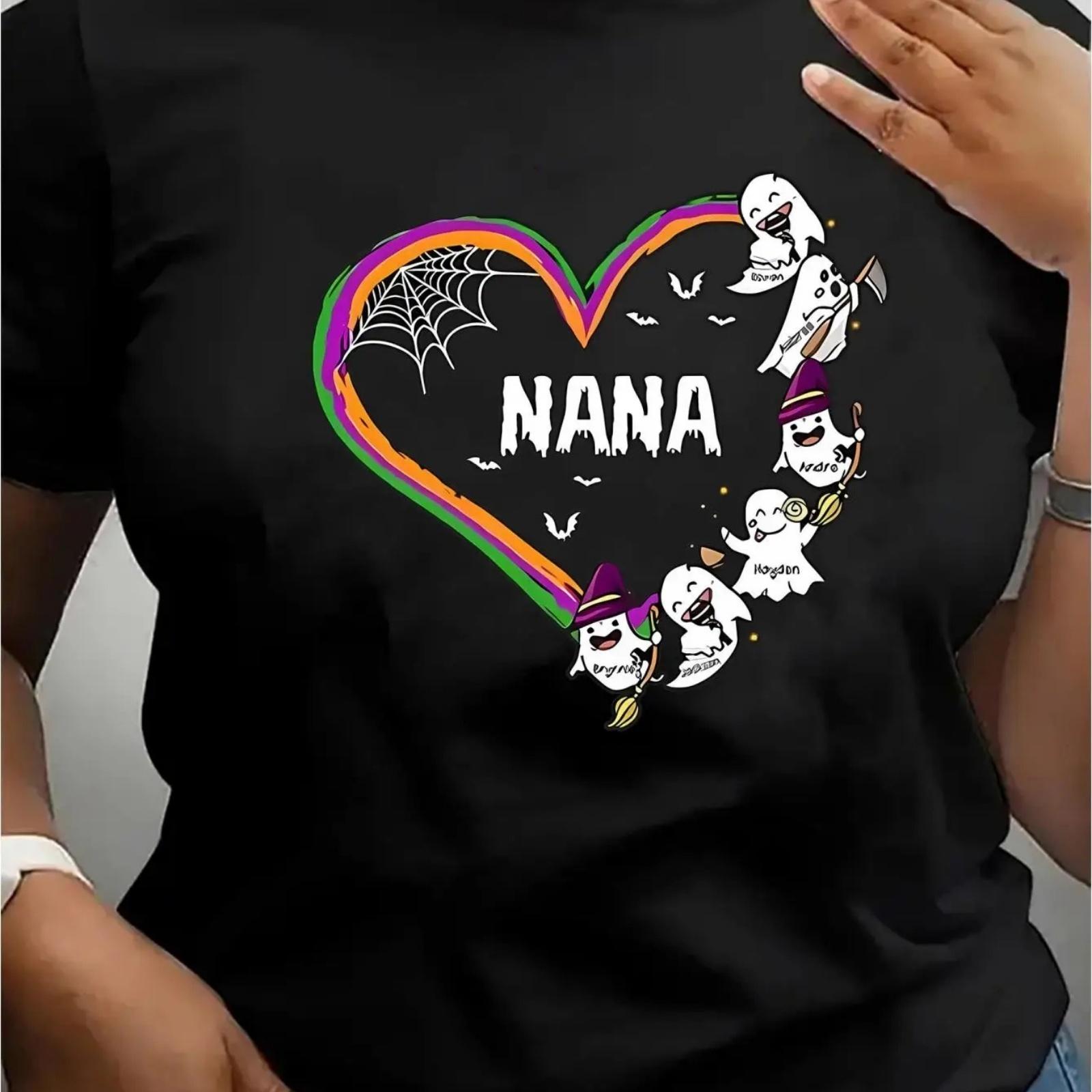 

1pc Halloween Nana Graphic Tee, Women S Casual Crew Neck Short Sleeve T-Shirt, Knit Fabric with Medium Stretch, All-Season Fashi XXXXXL чорний