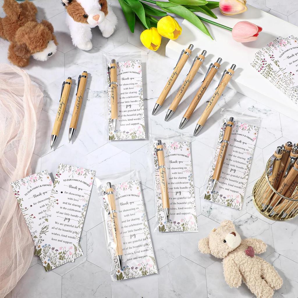 Zhanmai 50 Sets Baby Shower Pens Gifts Bulk Baby Shower Favors for Guests Sage Greener Woodland Bamboo Ballpoint Pens with Cards for Gender Reveal