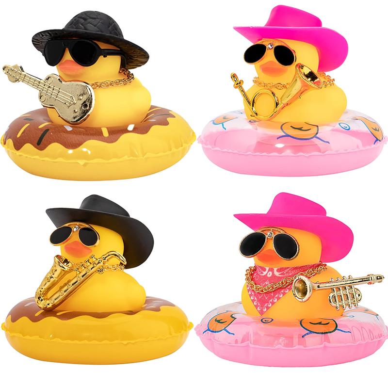 Car Duck Ornament Dashboard Decorations For Car Rubber Accessories With Sunglasses Hat Necklace Swim Ring And Mini Musical Instr