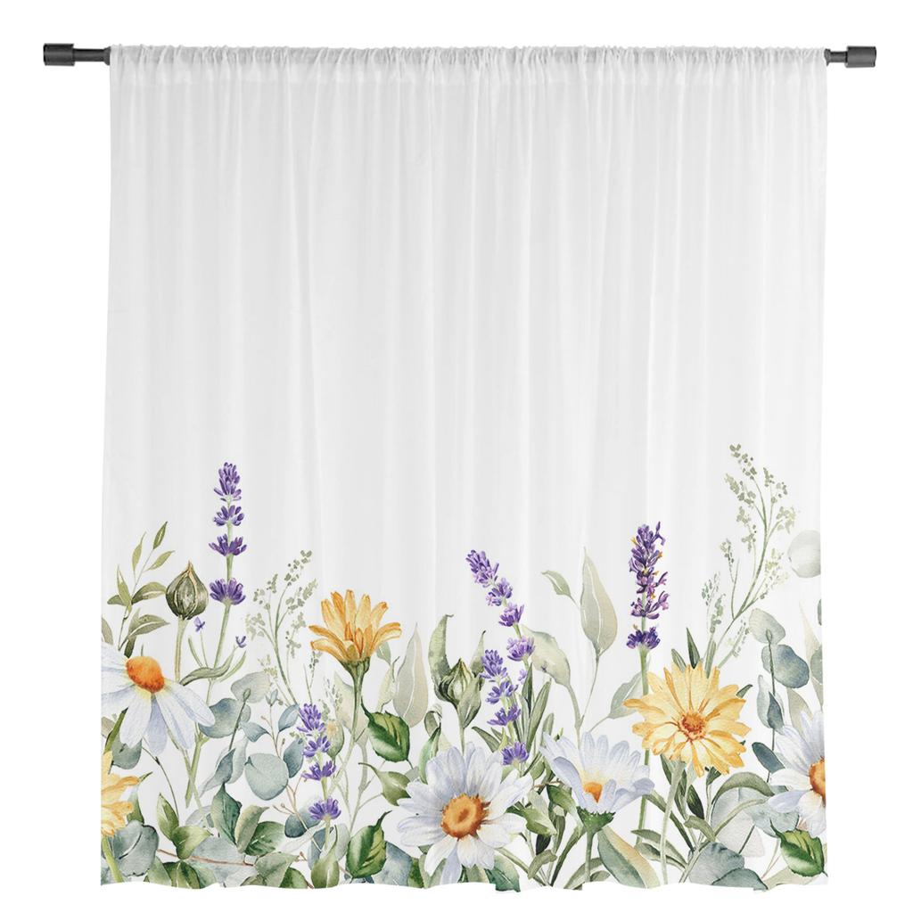 Spring Daisy Lavender Eucalyptus Tulle Curtains For Living Room Bedroom Voile Sheer Curtain Window Home Decor Drapes