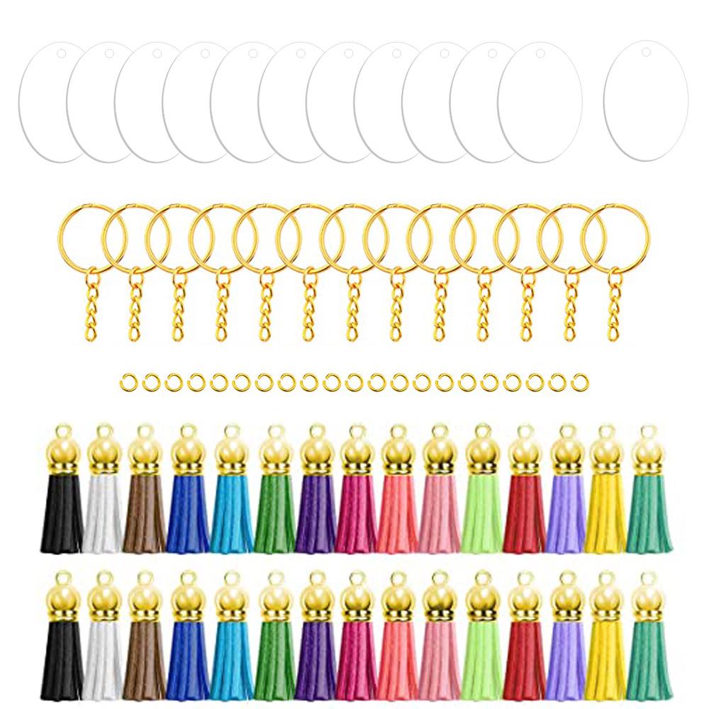 120-Piece Acrylic Keychain Set with Tassels and Small Spike Pendants, Transparent Round Blanks