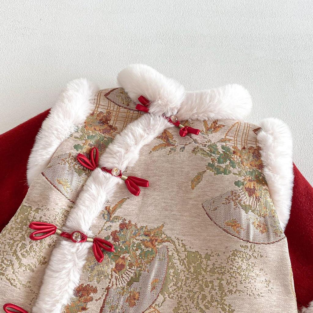 Girls' Diagonal Lapel Red Retro Dress - 2025 Winter New Year's Outfit for Babies