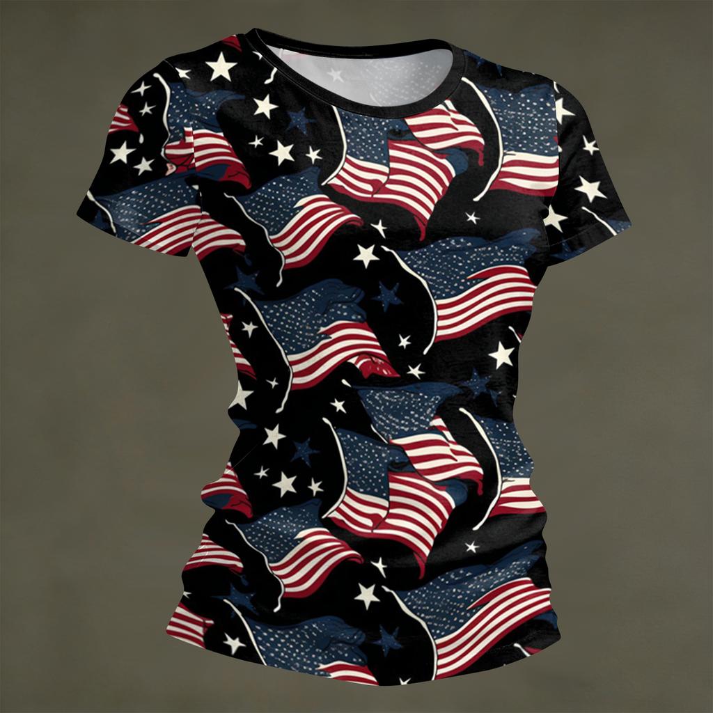 Women's Fashion Round Neck Independence Day Print Short Sleeve Loose Crewneck T-Shirt Top