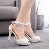 Crystal Queen Women Platform Sandals High Heels Waterproof Female White Lace Wedding Shoes Pointed Toe Peep Flower Pearls