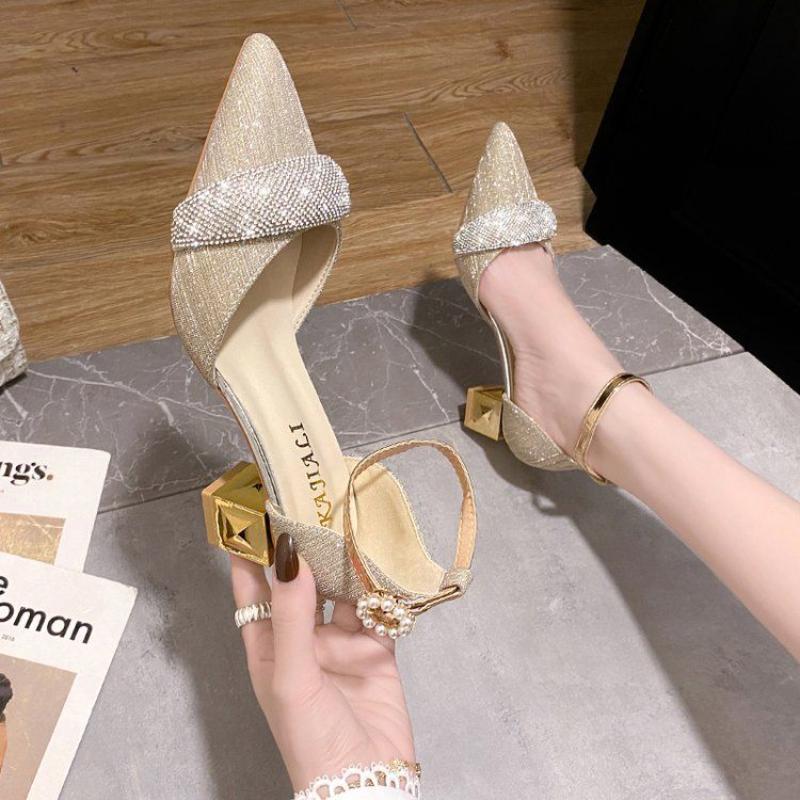 Fashion Pointed Toe Woman Shoes Pearl with Medium Heels Diamond Sandals for Women Silver New Breathable Fashion Shoe on Sale Vip Korea
