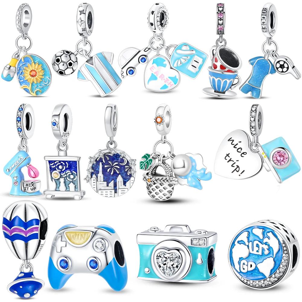 Exquisite Charm Original Blue Heart Game Console Camera Football T-Shirt Beads Fit Copper Bracelet Women Jewelry Diy Gifts