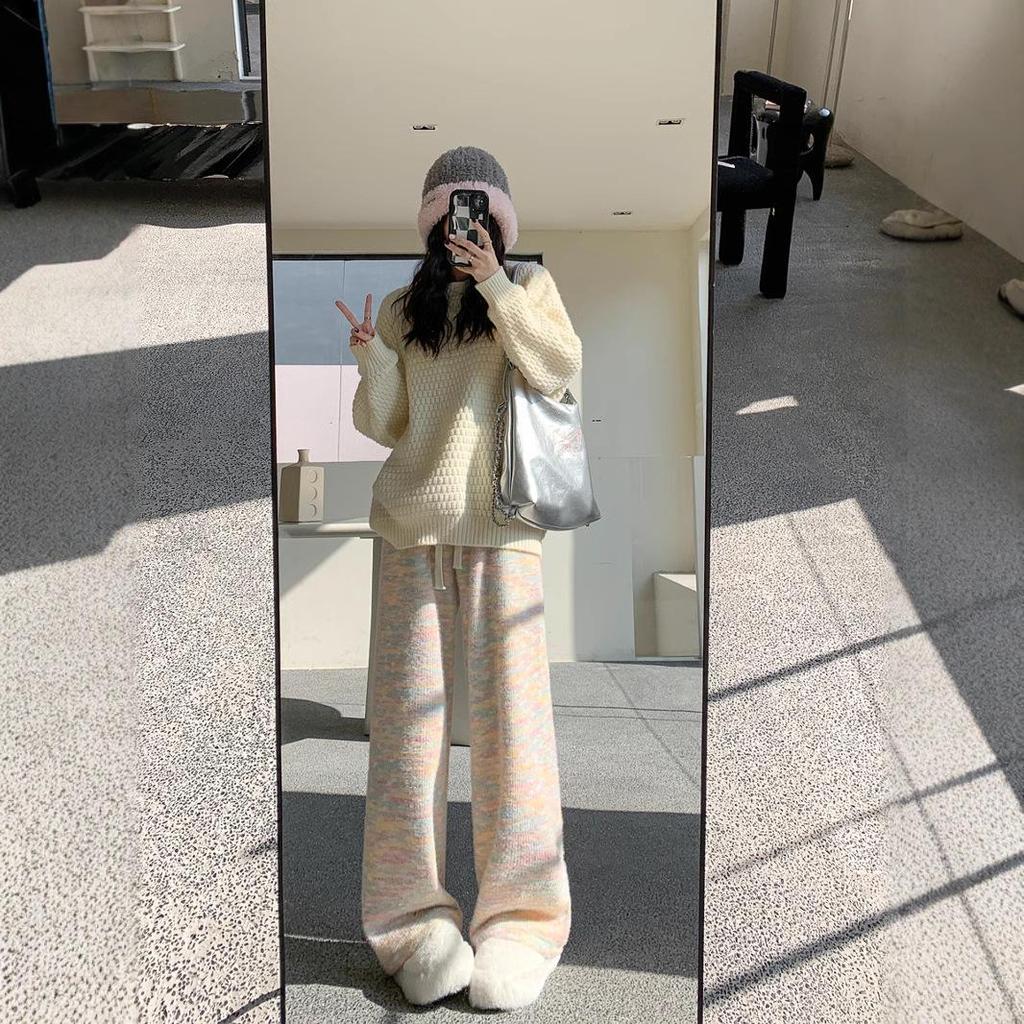 Plush Rainbow High-Waist Women's Knitted Wide-Leg Pants - Autumn/Winter 2024 Collection