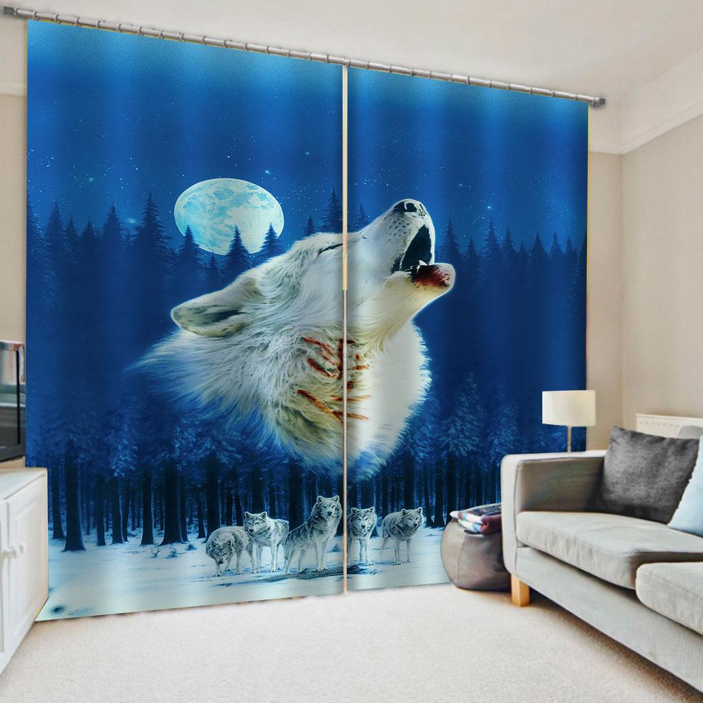 Wild Wolf Animal Round Shiny Moon Cheap Window Curtains Blinds For Living Room Kids Bedroom Bathroom Kicthen Door Home Decor2Pcs