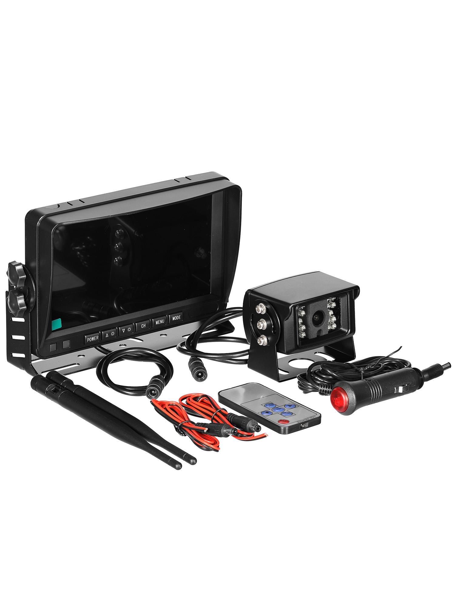 

7-inch wireless display can be split into 4 screens, features a remote control, loop recording capability, and multiple display functions