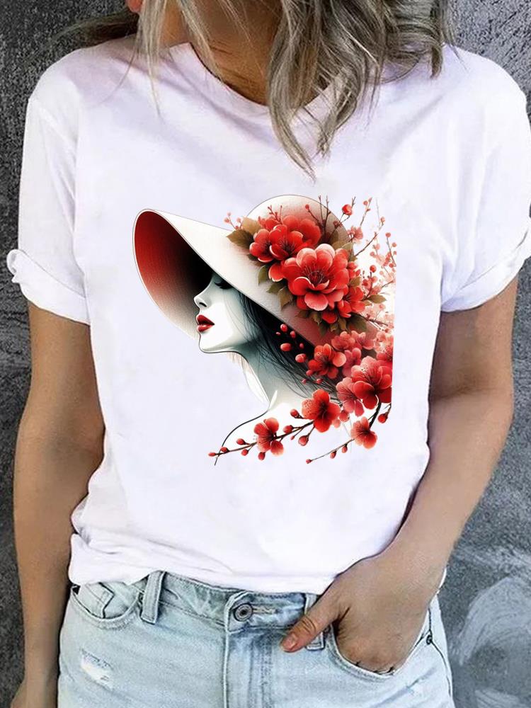 (Asian Size) Watercolor Flower Short Sleeve T-shirts Printed Clothing Lady Female Top Casual T Shirt Fashion Women Graphic Tee