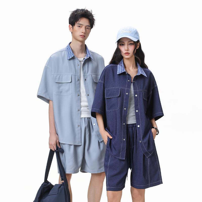 Summer Denim Set for Men's Women 2 Piece Casual Short Sleeve Boxy Shirt Tops and Shorts Pants Lounge Sets Outfits