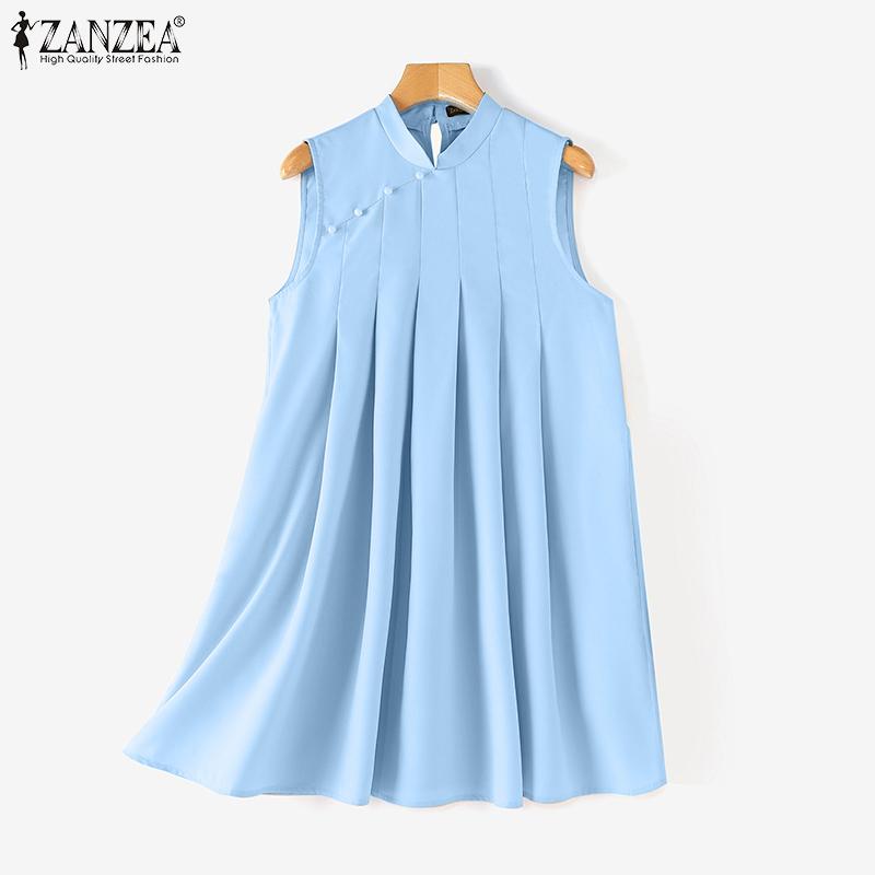ZANZEA Women Casual Stand Collar Summer Loose Sleeveless Tank Dress