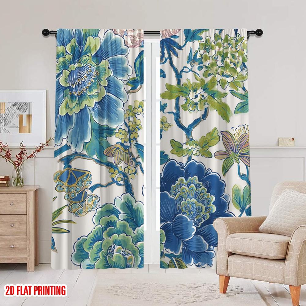 2pcs,2D plane printing Curtains Blue-Green Floral Symphony Versatile Fabric (without rod) Home Decor Ldeal for Kitchen Living