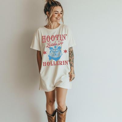 Hootin' Leads To Hollerin' Graphic Tee, Distressed Cowgirl Tee, Funny Midwest Shirt, Trendy Midwestern Apparel, Retro Aesthetic Owl Tshirt