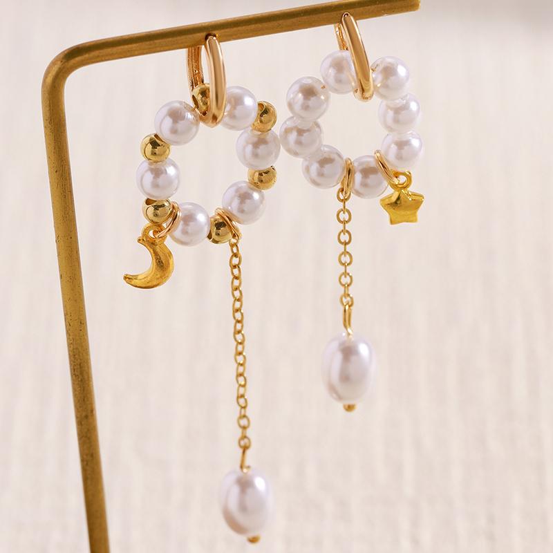 Star Moon Pearl Drop Earrings for Women Exquisite Asymmetrical Tassel Dangle Earrings Retro Sweet Casual Versatile Jewelry Gift