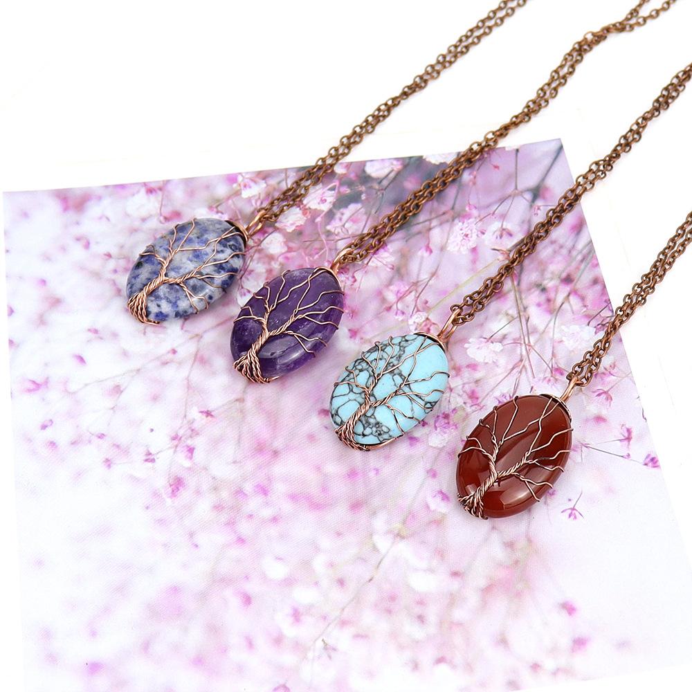 Natural Crystal Rough Stone Hand-Wound Egg-Shaped Tree Of Life Pendant Necklace N645
