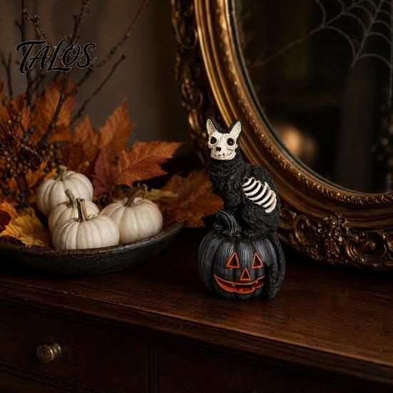 Halloween Showcase Decoration Skull Black Cat Pumpkin Figurine, Gothic Statue with Hollow Ribs, Non-peeling Paint Ornament Spooky for Desktop Outdoor