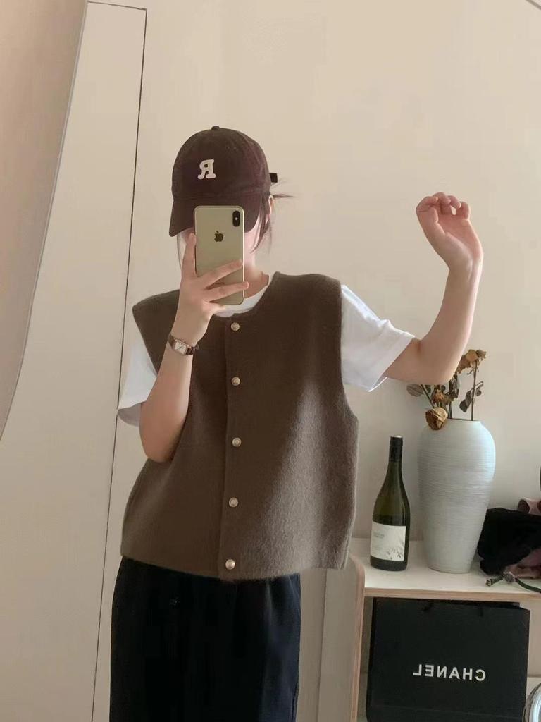 YS Women's Korean Style Slim Fit Layered Sweater Vest - Autumn/Winter Round Neck with Gold Buttons