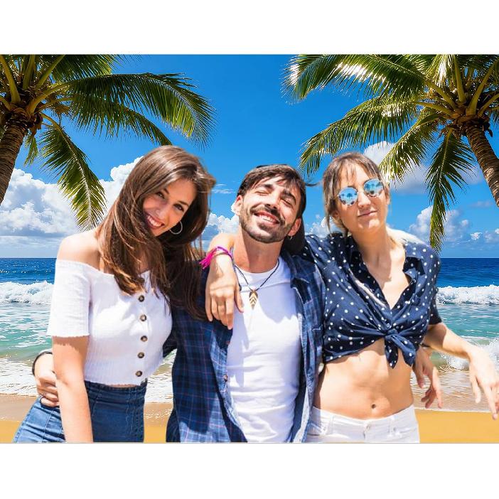 Summer Beach Backdrop Tropical Hawaiian Ocean Background 7x5FT with 19.69ft Ribbon, Palm Tree Banner for Luau Party Decorations Wedding Birthday Baby