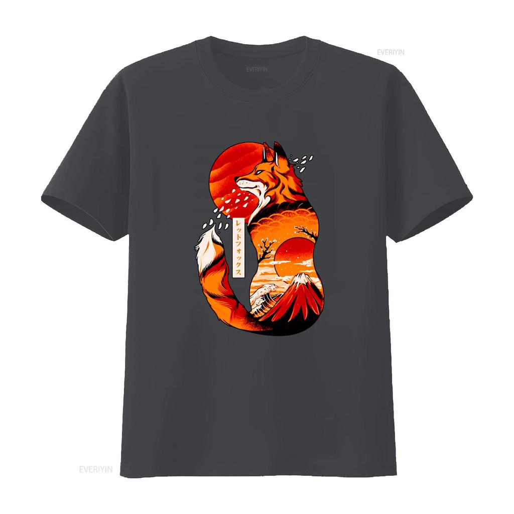 Japanese Fox Print T Shirt for Cool Vintage Washed Slightly Breathable Unisex Casual Soft Designer Clothes Streetwear