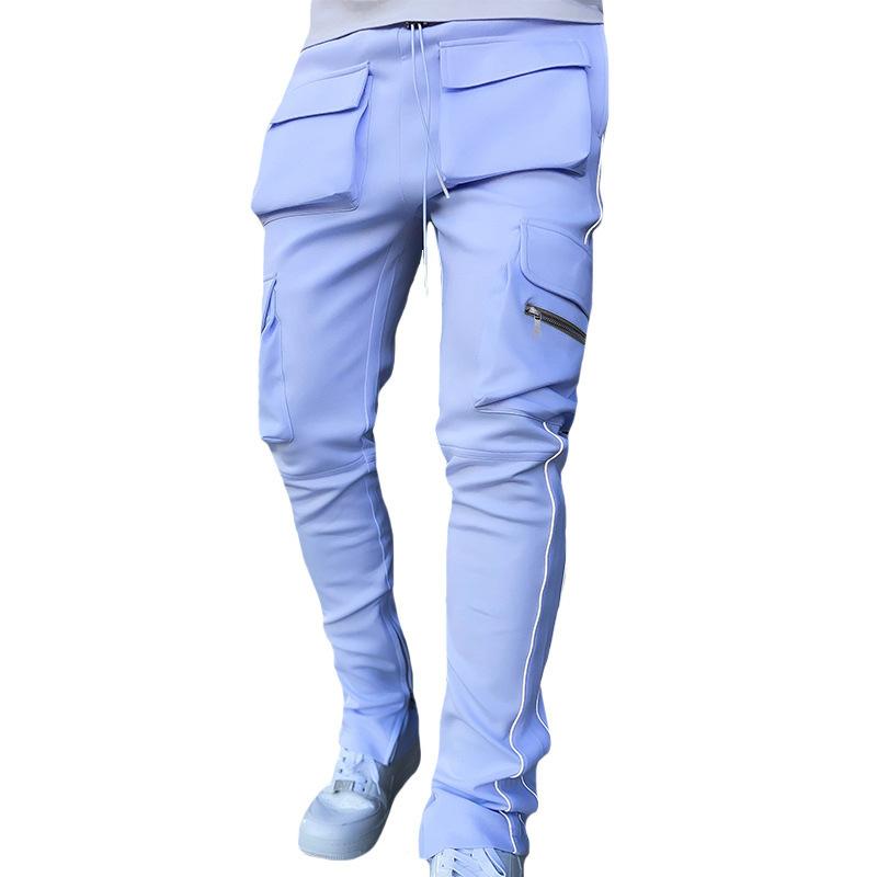 Spring and Autumn Workwear Pants Men's Fashion Brand Elastic Multi-Bag Reflective Straight Sports Fitness Casual Trousers