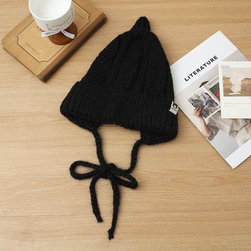 Korean Version of Versatile Bear Patch Strap Wool Hat Autumn and Winter Fashion Retro Pullover Hat Outdoor Casual Warm Hat New