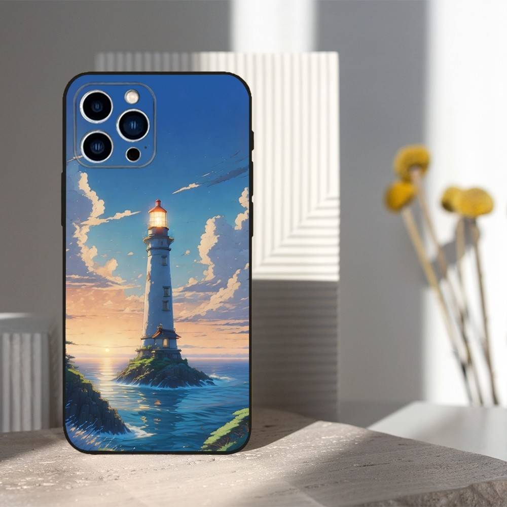 

Beauty Cartoon Lighthouse Case For iPhone 15,16,12,14,17,13,11,Plus,Pro Max,8,7,XR,SE,XS,X,Mini,Soft Silicone Black iPhone13mini
