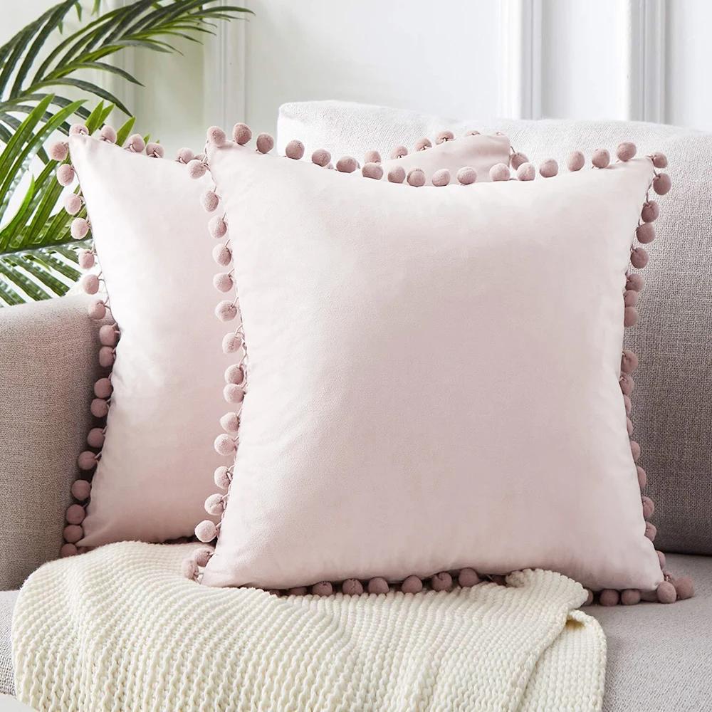 Soft Velvet Pillowcases Solid Cushion Cover Square Decorative Pillows With Balls For Sofa Bed Car Home Throw Pillow