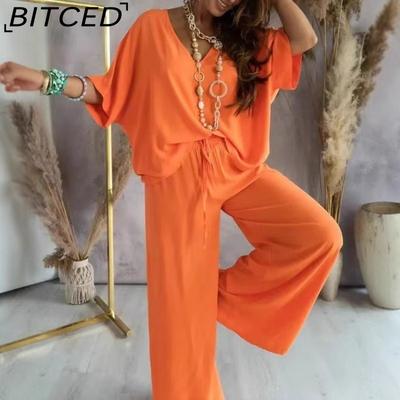 Women's V-Neck Bat Sleeve Casual Loose Wide Leg Pants Set