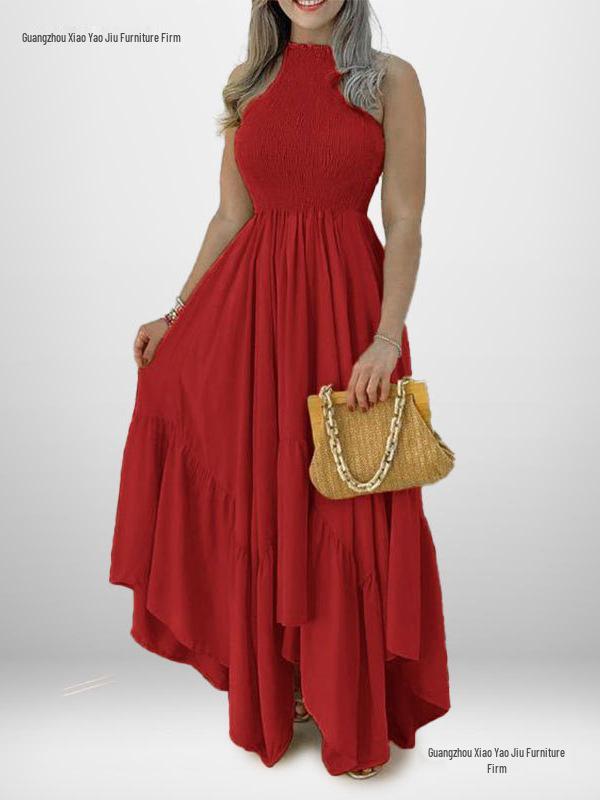 European & American Women's Spring High Waist Printed Dress - Short Sleeve Commuting Style
