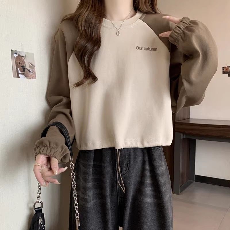 Amerikanisches Retro Raboss Ärmel Sweatshirt Damen Herbst Winter Neu Locker Kontrast Kordelzug Kurzes Oberteil