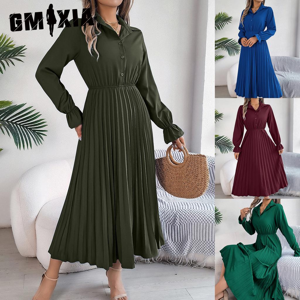 GMXIA Autumn and Winter Casual Lapel Button Long-sleeved Waist-cinching Pleated Long Dress Women's Clothing