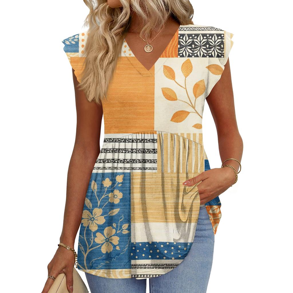 Womens Tops Fashionable V-neck Ruffled Sleeve Short-sleeved T-shirt Business Blouses