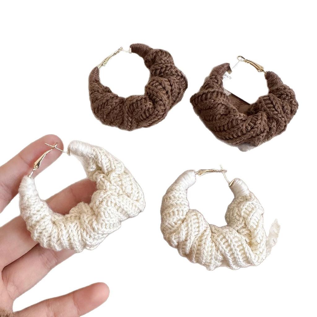 High-End Silver Needle Wool Knitted Round Hoop Earrings - Simple, Versatile, Retro Style for Women