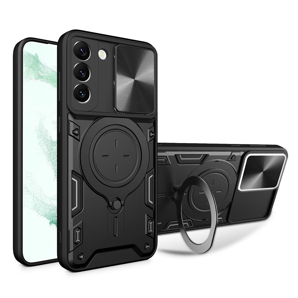 For Samsung Galaxy S22 5G Rotatable Kickstand Back Cover PC+TPU Phone Case with Slide Camera Lid