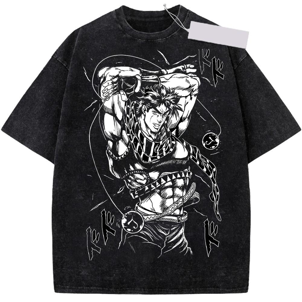Anime JoJo's Bizarre Adventure Joseph Joestar Cool Washed Tshirt Men Cotton Summer Manga Vintage Tee Harajuku T Shirt