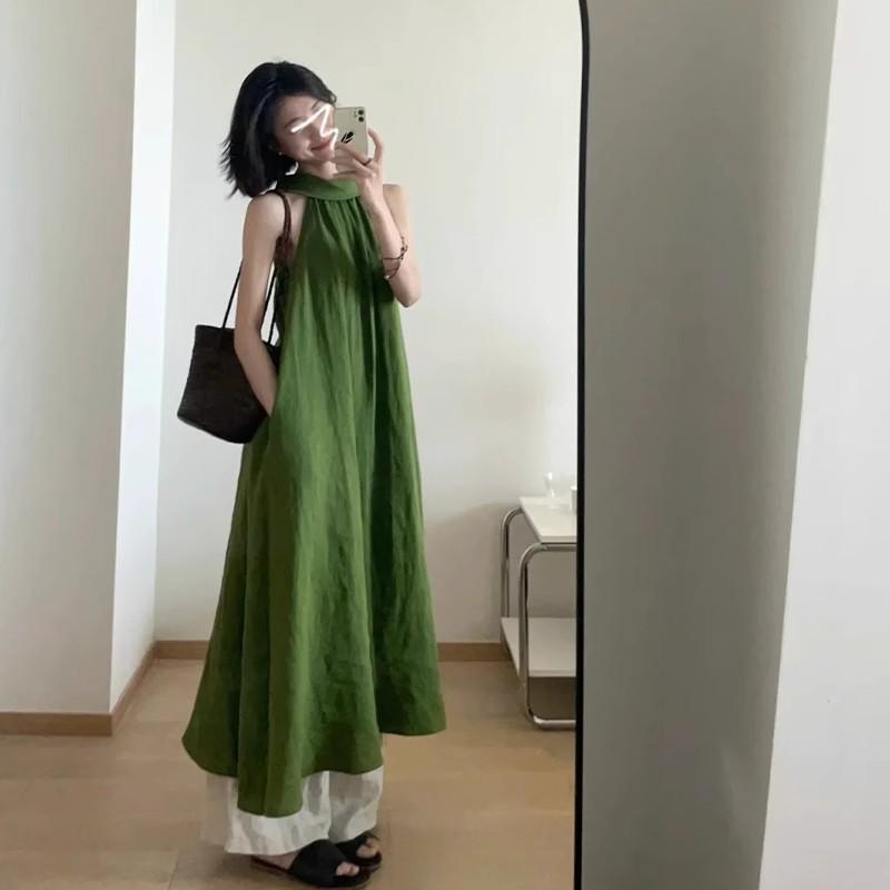 French green neck sling dress children's summer new seaside vacation temperament dress