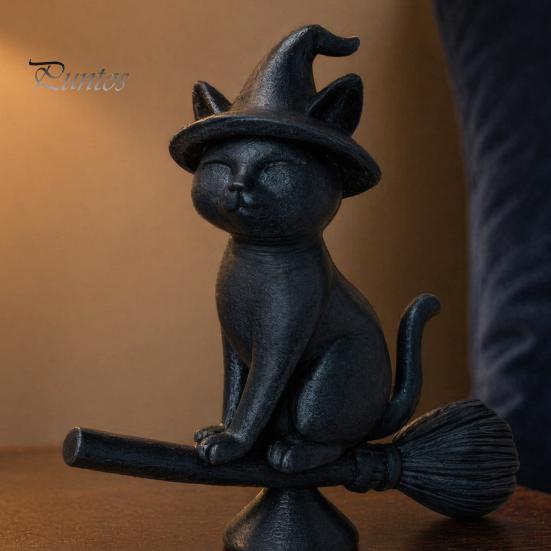 Exquisite Cat Collectible Witch Figurine, Black Riding Broom Statue, 3D Printed Figure Ornament, Desktop Decoration for Home Office Decor Ornament