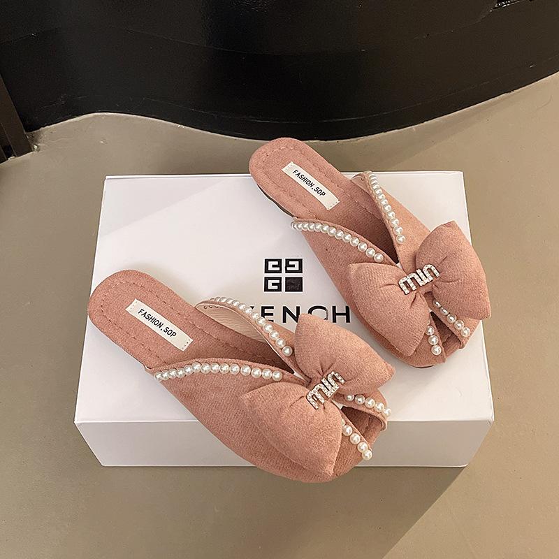 Baotou half slippers women's summer wear new versatile flat bottom pregnant women French pearl bow fish mouth sandals