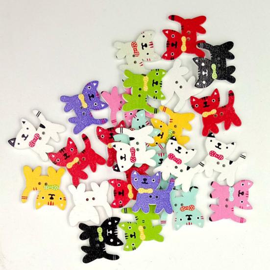 50 Pcs Mixed Color Cute Cat Kitten 2Holes Wood Sewing Buttons