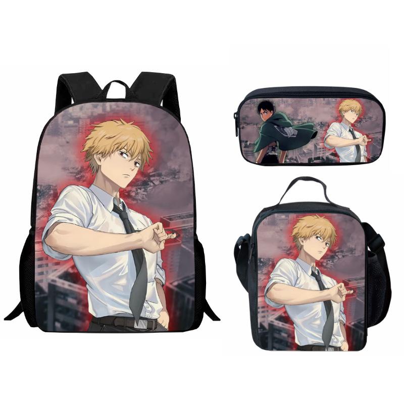 Printed Day Man Two-Dimensional Chainsaw Man Student Schoolbag Three-Piece Cartoon Backpack Lunch Bag