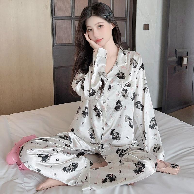 

весна осень Женский пижамный комплект в горошек кружевные топы и брюки атласная одежда для сна свободная пижама из 2 предметов домашняя одежда наряды 2XL