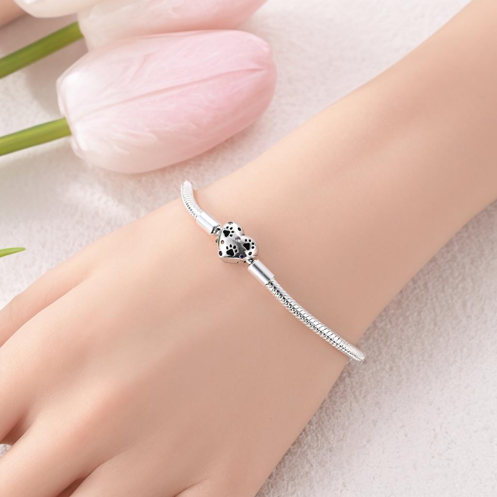 925 Silver Heart Charm Bracelet with Snake Chain for Women DIY Bead Jewelry