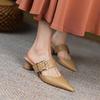 Fashion Women's New Spring/Summer Genuine Leather Cowhide Metal Belt Buckle Mid Heel Large Headed Muller Slippers